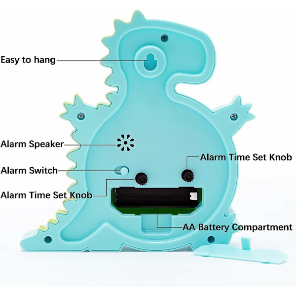 Analog väckarklocka för barn, diameter: 7 cm, stor dinosaurie med snooze, storlek: 4,4 x 15,6 x 16,2 cm，