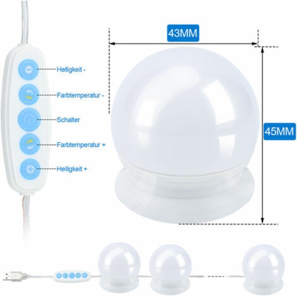 DIY LED Speil Lampe 10 LED Dimbar Makeup USB Lampe 360° Belysning - Hvit