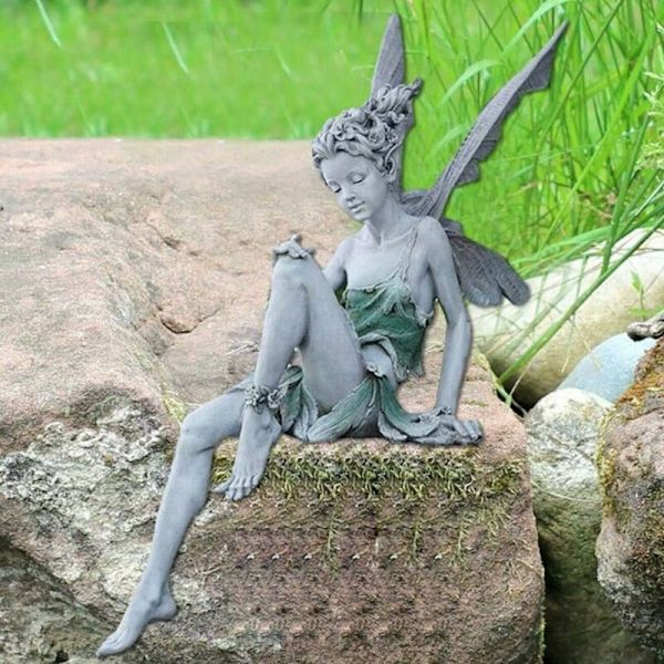 Siddende Fairy Statue for Tudor og Turek Have Siddende Fairy Statue Harpiks Håndværk Landskabspleje Havedekoration Fairy Fi