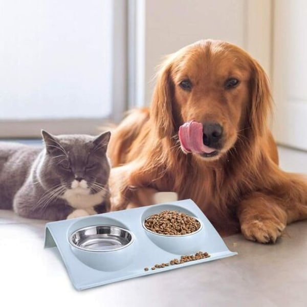 Katteskål, kæledyrsskåle, hundekatteskål, dobbeltskål til kat og hund, foderskål til hunde til kæledyr, skridsikker katteskål i rustfrit stål (