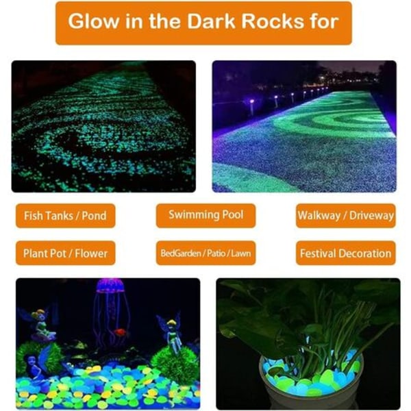 Glow in the dark klipper til udendørs dekoration, 200 stykker småsten til haver, græsplæner, havestier, planter og akvarier