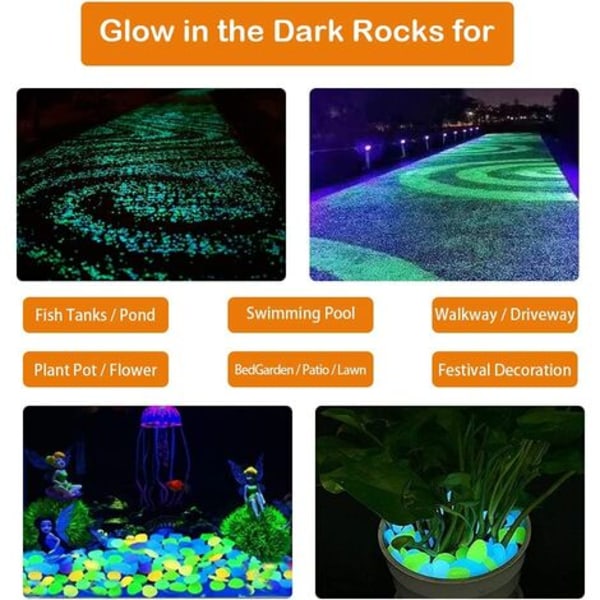 Glow in the dark steiner for utendørs dekorasjon, 200 stykker småstein for hager, plener, hagestier, planter og akvarier