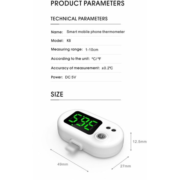 Bärbar automatisk infraröd mobiltelefon termometer USB inverterad smartphone termometer