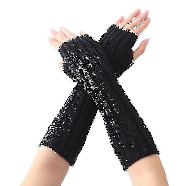 Kvinnors fingerlösa armstickade ullhandskar Vintervärmare handledsvantar Black
