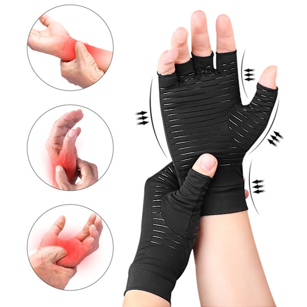 Kobber Kompressions Fingerløse Gigt Handsker til Mænd og Kvinder - Anti-Slip, Sort M