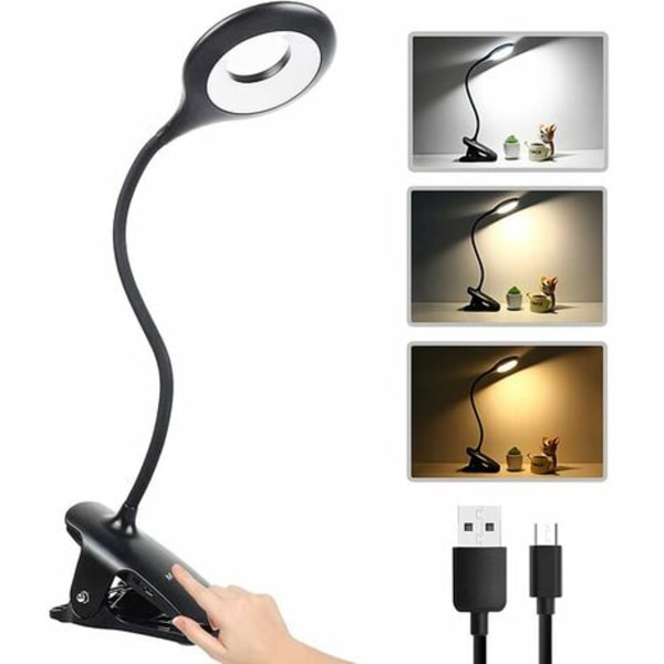 Uppladdningsbar trådlös LED-bordslampa, bokläslampa med 28 lysdioder, 3 färger och 3 dimbara, klämlampa för säng, touch
