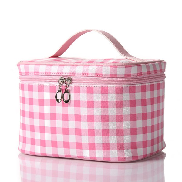 Rutig kosmetikaväska med stor kapacitet Bärbar reseförvaringsväska Bärbar fyrkantig tvättväska med hink Rosa