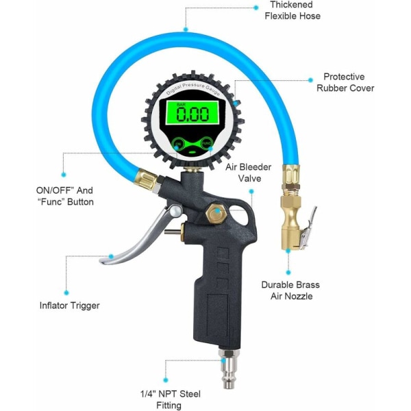 Digitaalinen rengaspainemittari LCD-taustavalolla, 255 PSI digitaalinen rengaspainemittari renkaan täyttöpistooli autoon