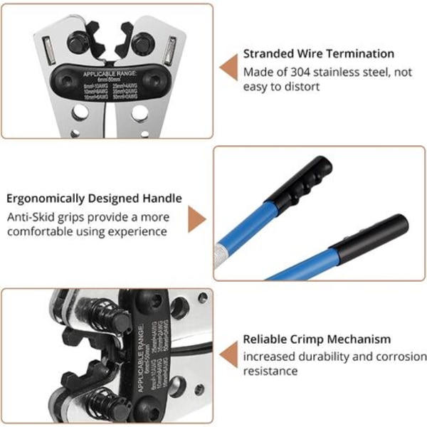 Krymptångssats, AWG 10-0 Justerbar presstång 6-50mm² Wire Terminal Crimp Tool Multifunctional Cable Cutte