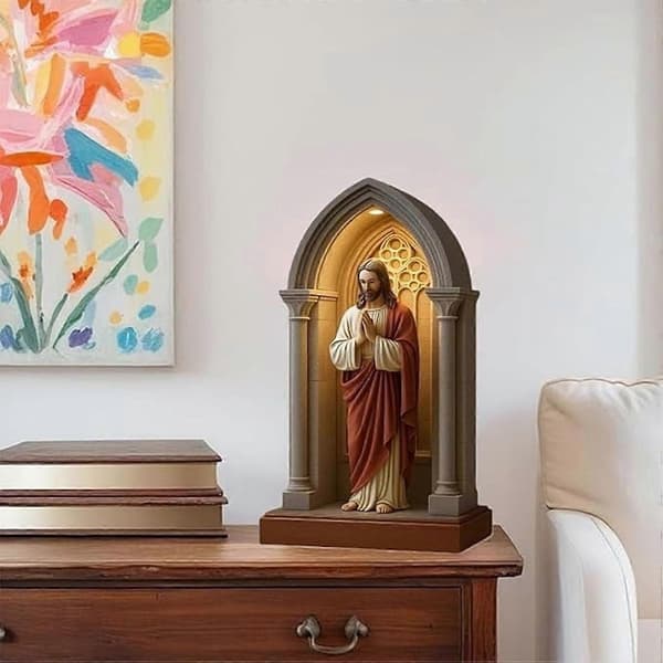 Jesus LED Table Lamp with Holy Statue Religious Night Light for Home Altar Decor, Christian Catholic Devotional Gift for Christmas Easter Baptism