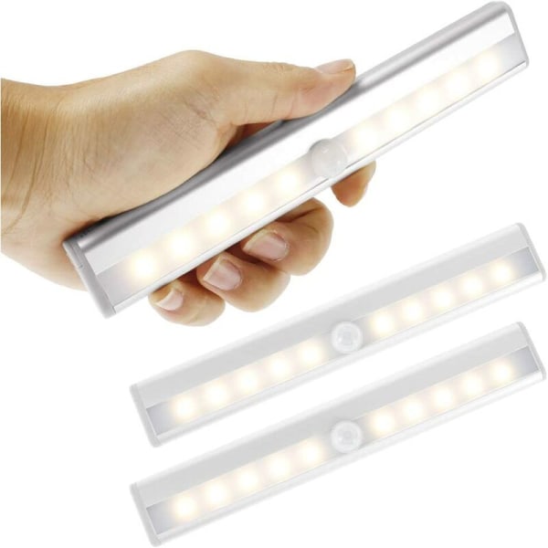 3-pack LED-rörelsesensorlampa med magnetremsa, 10 batteridrivna LED-nattlampor, trådlös belysning för kök, trappor, hall，
