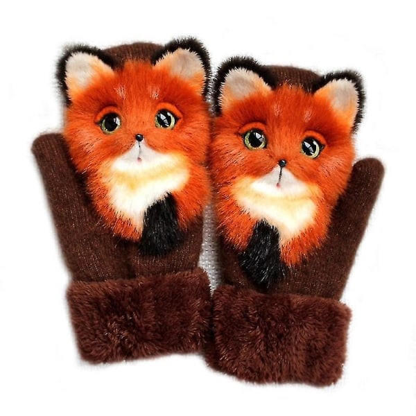 Børn tegnefilm dyr plys handsker Voksne Vinter varme strikkede handsker-1 Fox Red Adult