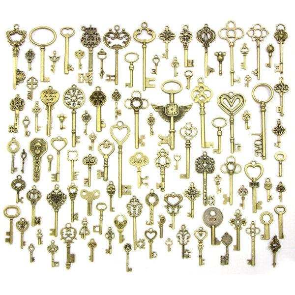 Sett med 100 bronse nøkler DIY metall smykker tilbehør vintage klær notatbok tilbehør,