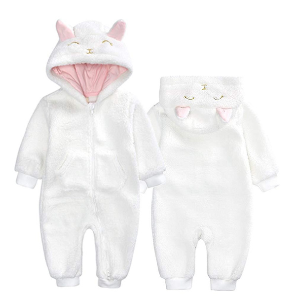 Baby fleece jumpsuit hættedragt snedragt langærmet jakkesæt White