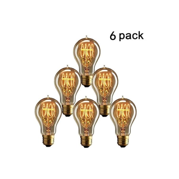 Wolfram pære, E27 Cafe Bar A19 Wound 40W 6stk lyskilde, Retro Vintage 40W A19 E27 Skrue 220V-240V, til stue,
