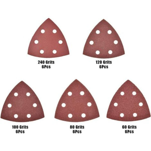 30 trekantede slibeark med 6 huller, 60/80/100/120/240 slibepapir til slibemaskine
