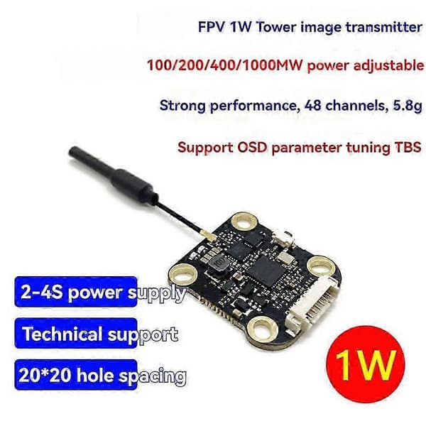 FPV 5.8G 1W VTX 48CH 1000mW Stöder OSD 2-4S FPV Ljud Video Sändare för DIY RC FPV Drönare Black