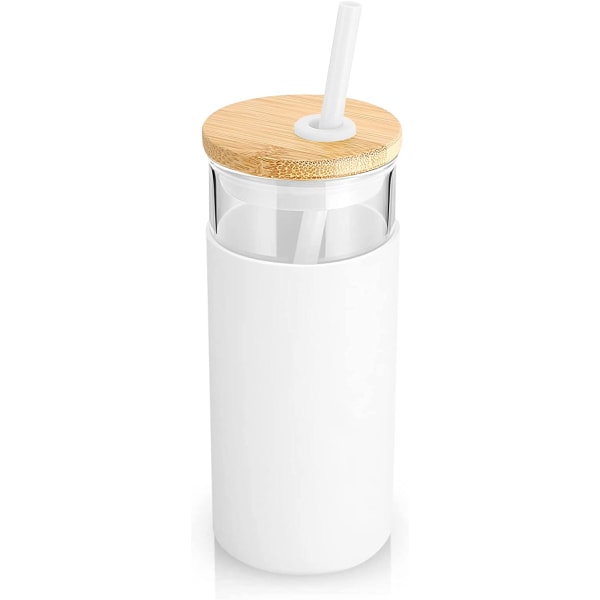 Glas vandflaske 500 ml halm silikone beskytter bambus låg - BPA fri (hvid)
