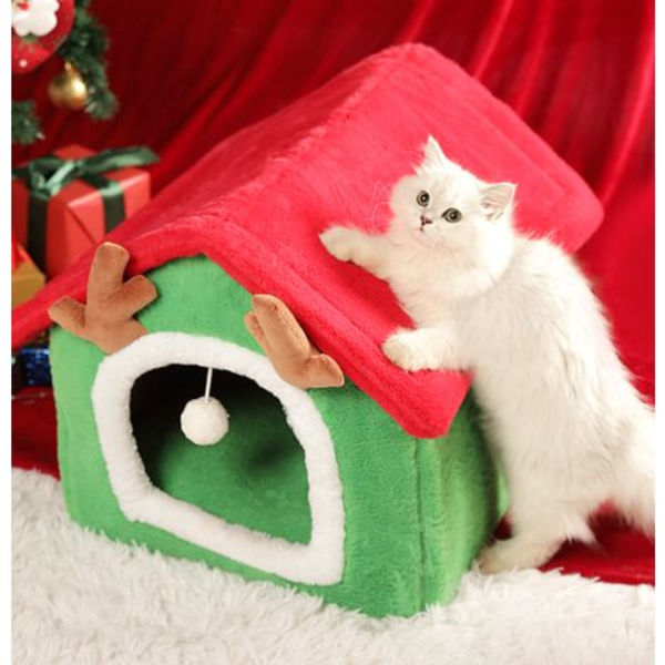 Christmas Cat House tuulenpitävä kissan luolapesä Söpö jouluinen lämmin kissansänky talveksi Mukava kissan talon sänky (vihreä)