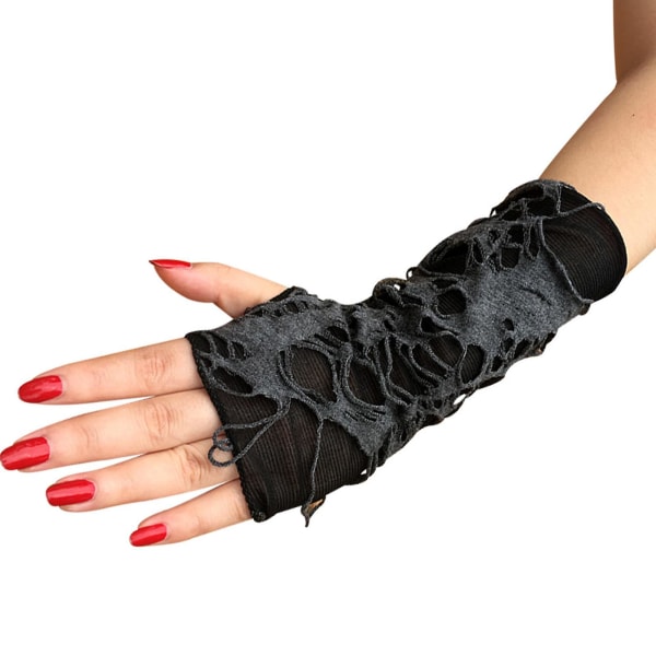 Farfi 1 par Halloween handskar Rippade hål Fingerless Black Half Finger Punk Style Handskar Cosplay Tillbehör Black