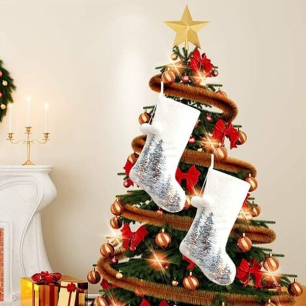 2 pakke hvite julestrømper, 18" bred snøhvit, koselig fuskepels, elegante strømpepynt til familiejulen