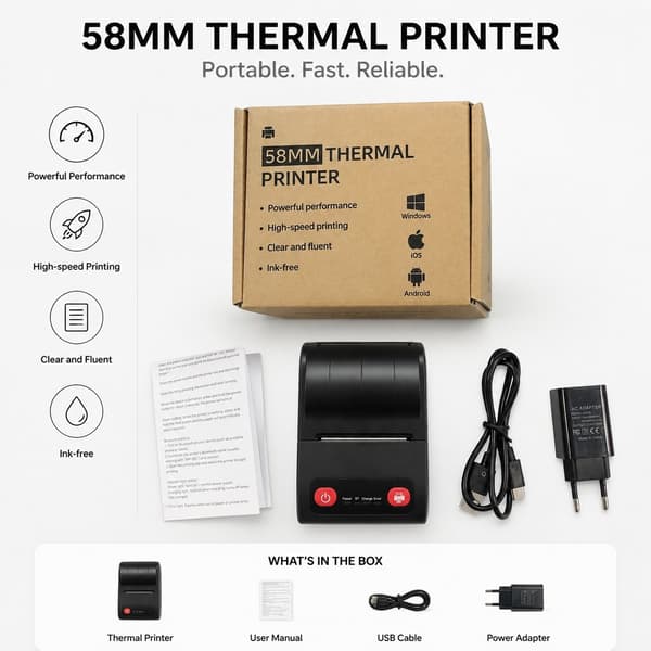 58 mm mini termoprinter, USB og Bluetooth, kompatibel med Android iOS Windows, bærbar