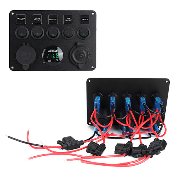 5 Gang LED Toggle Switch Panel med Digital Voltmeter Universal til RV Bil Motorbåd Grøn