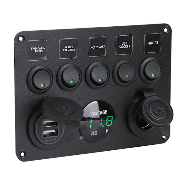 5 Gang LED Toggle Switch Panel med Digital Voltmeter Universal til RV Bil Motorbåd Grøn