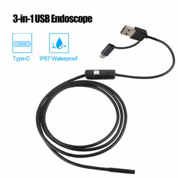 Industrielt endoskop 3-i-1 Indbygget 6 LED'er IP67 Vandtæt USB Type-C til Android smartphones/pc, 7 mm sonde 1 m fleksibel