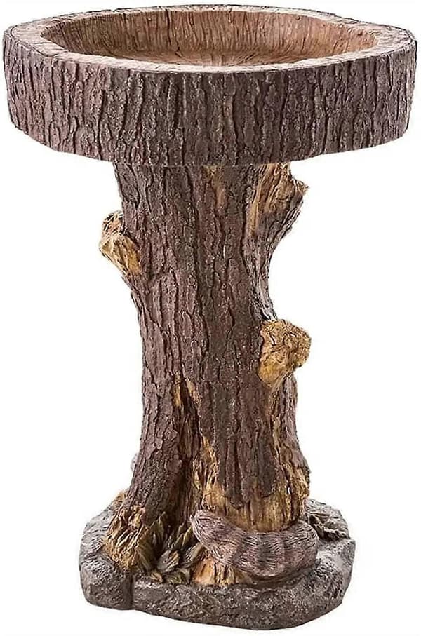 Fuglebad og foderbræt til haven med realistisk vaskebjørnsskulptur i harpiks, holdbar udendørs ornament