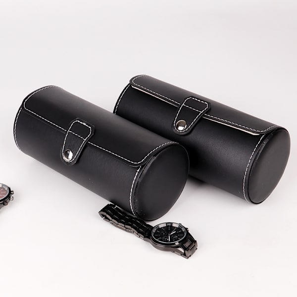 3-sifret sylindret skinnklokkeboks Klokkeboks Oppbevaringsboks for oppbevaring og skjerm 19*9 cm (svart),