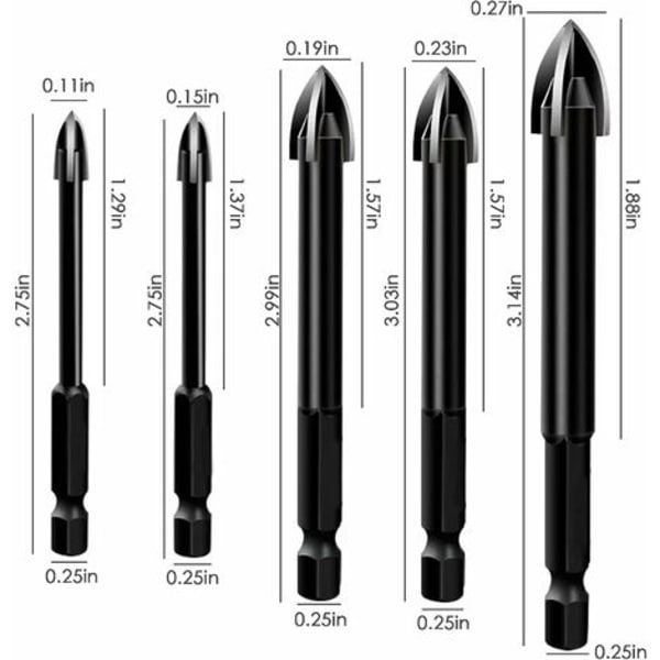 Kakelborr, Tungsten Carbide Tipped Borr Set Diverse storlekar 3/4/5/6/7mm, För keramiska plattor, Betong, Plast,