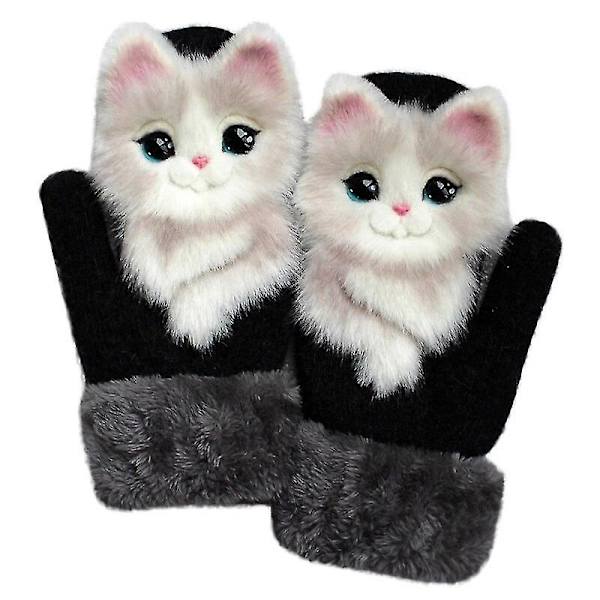 Barn tecknade djur plyschhandskar Vuxna Vintervarma stickade handskar-1 Cat Adult