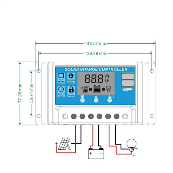 10-100A LCD solpanel, automatisk identifiering (60A)