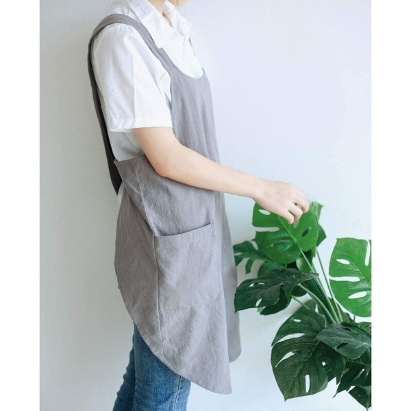 Korsrygg japansk lin kjøkkenforkle for menn med lommer for matlaging, maling, hagearbeid, rengjøring (grå for kvinner