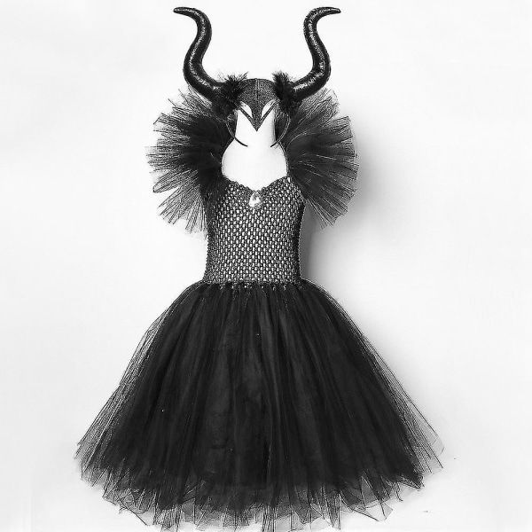 halloween barn flicka svart klänning klänning djävul cosplay Dress with horns 10-12 Years