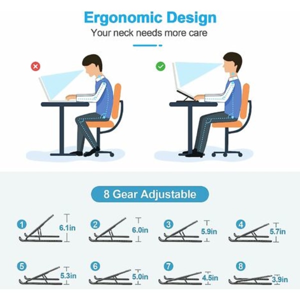 Laptop-stander, 8-trins justerbar laptop-stander, skridsikker plastik- og silikone- og aluminiumslegering Laptop-stander, kompatibel med