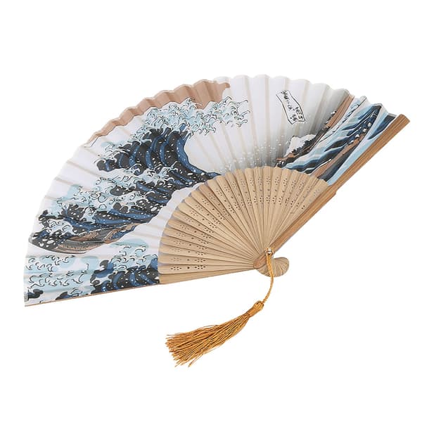 Japansk Stil Målade Vågor Bambu Fällbar Fläkt Elegant Heminredning Kontor