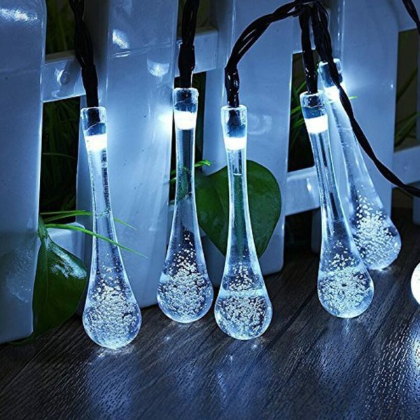 Positiv vit soldriven 6,5 m 30 lampor 8 funktioner vattendroppsljus LED vattentät solljusslinga Bubble Ball Ou