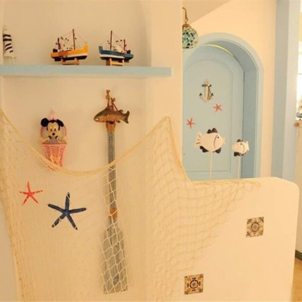 Dekorativt fiskenet, 1 x 2 meter dekorativt fiskenet (hvidt med muslingeskaller) Middelhavsstil Nautical Wall Deco