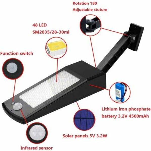 Solar Light 48 LED 4500mAh 900lm IP65 vattentät utomhuslampa svart med justerbart stativ och fjärrkontroll, 120° utomhus