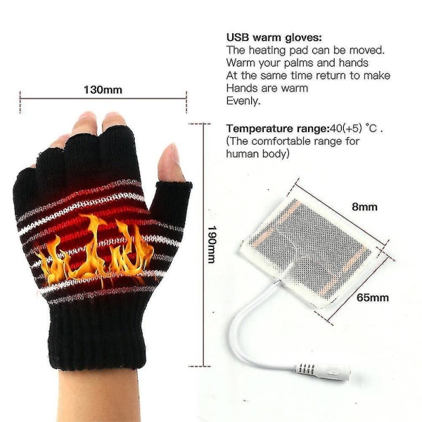 Winter Working USB Heated Gloves Thermal Hand Warmer Gloves Full & Half Finger Striped