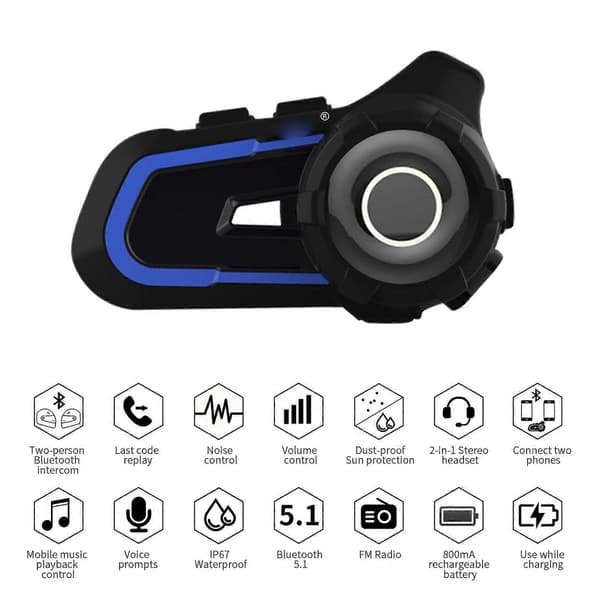 WUPP CS-1412A1 Bluetooth 5.1 S2 Motorcykelhjälm Full Duplex Bluetooth Intercom Headset Hörlurar (Blå) Blue