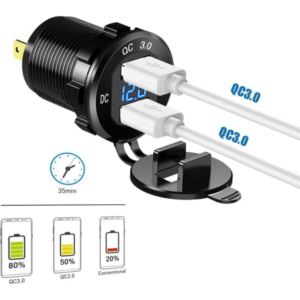 USB Rask billader To QC3.0 USB-porter, 12V/24V 36W Vanntett med LED digitalt voltmeter for motorsykkel, lastebil, båt