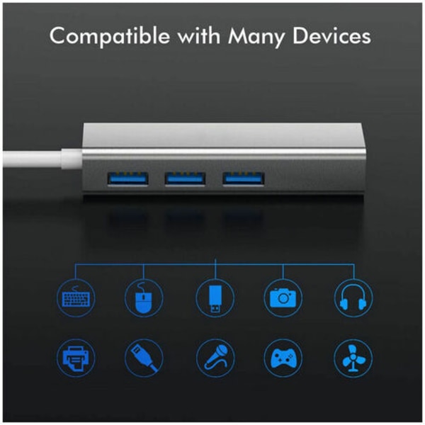 USB C til Gigabit Ethernet-adapter USB C til USB 3.0 10/100/1000 RJ 45 LAN-nettverksadapterkabel, støtter Windows 8/7/10
