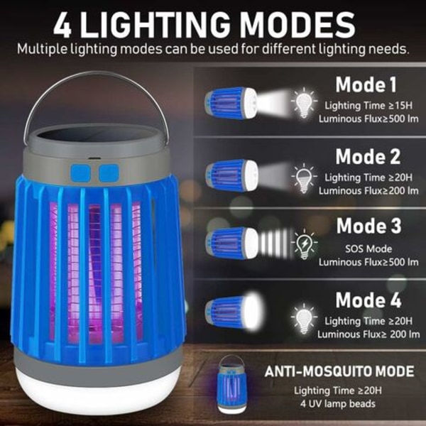 i 1 utendørs myggdreperlampe, solcelle+oppladbar+USB bærbar campinglykt, LED-avstøtende lampe vanntett insekt