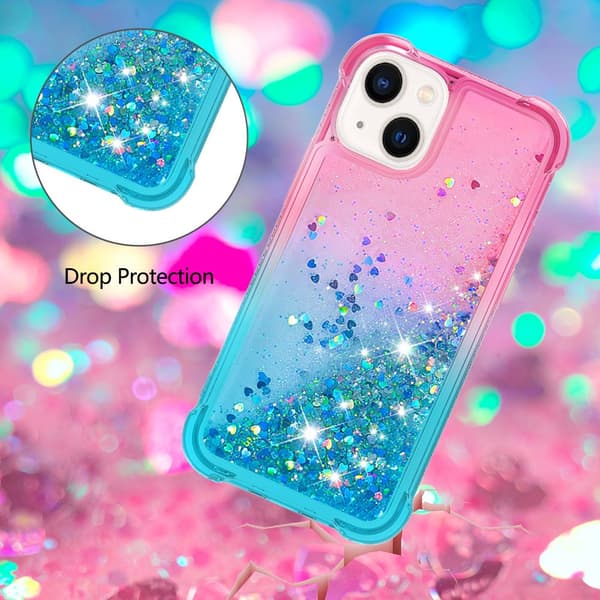 iPhone 15 Kvicksand Glitter Hjerter TPU-deksel - Rosa-Turkis multifärg multicolor