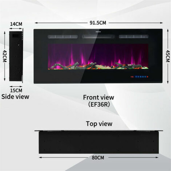42" väggmonterad elektrisk öppen spis, 13 kristalleffekt 13 brandeffekt, justerbara termostatkontroller 2 värmeinställningar (B
