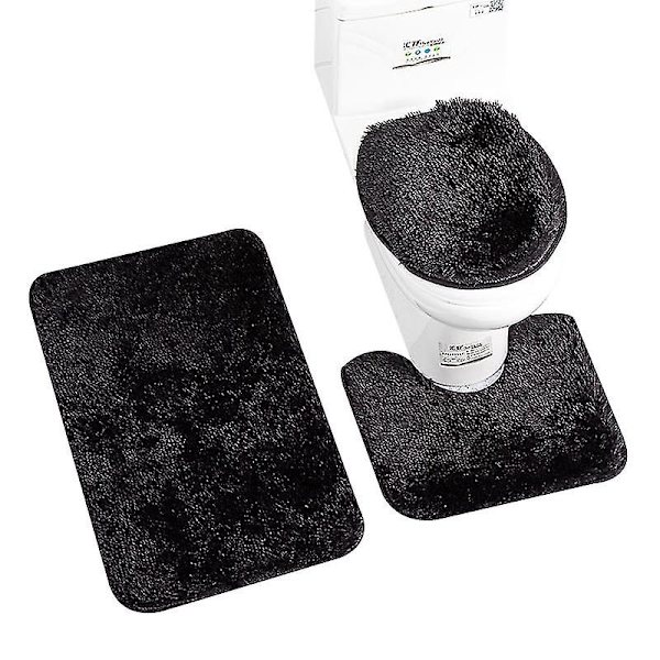 3stk Badeværelses toilettæppesæt, skridsikker bademåtte Black