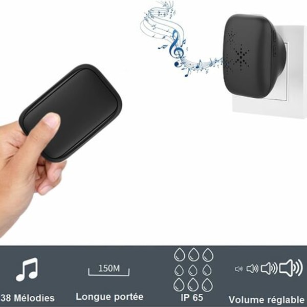 Trådløs og batteriløs dørklokke Udendørs Vandtæt IP 65 Sne Regn Fugtighed sort